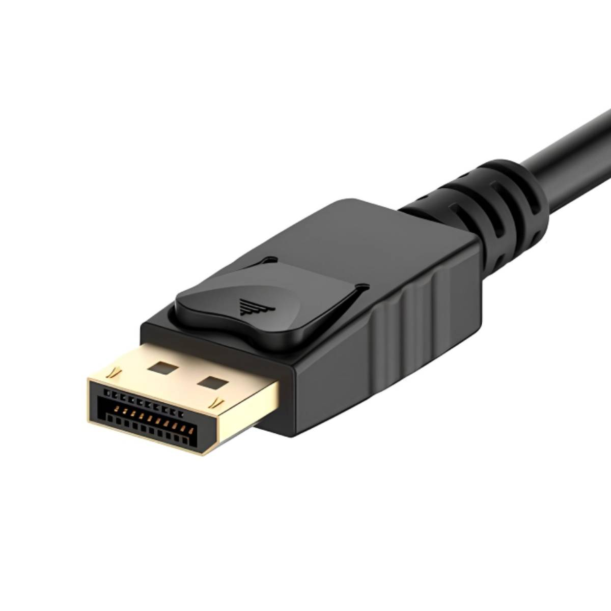 Un cavo DisplayPort nero con connettore dorato e pulsante di rilascio.