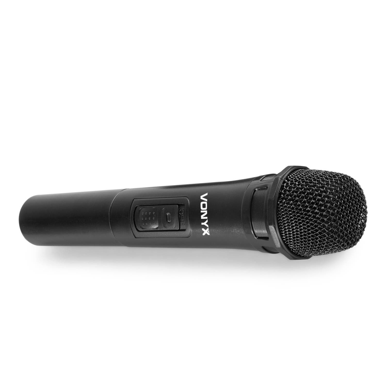 Black VONYX microphone with switch, isolated on a white background.