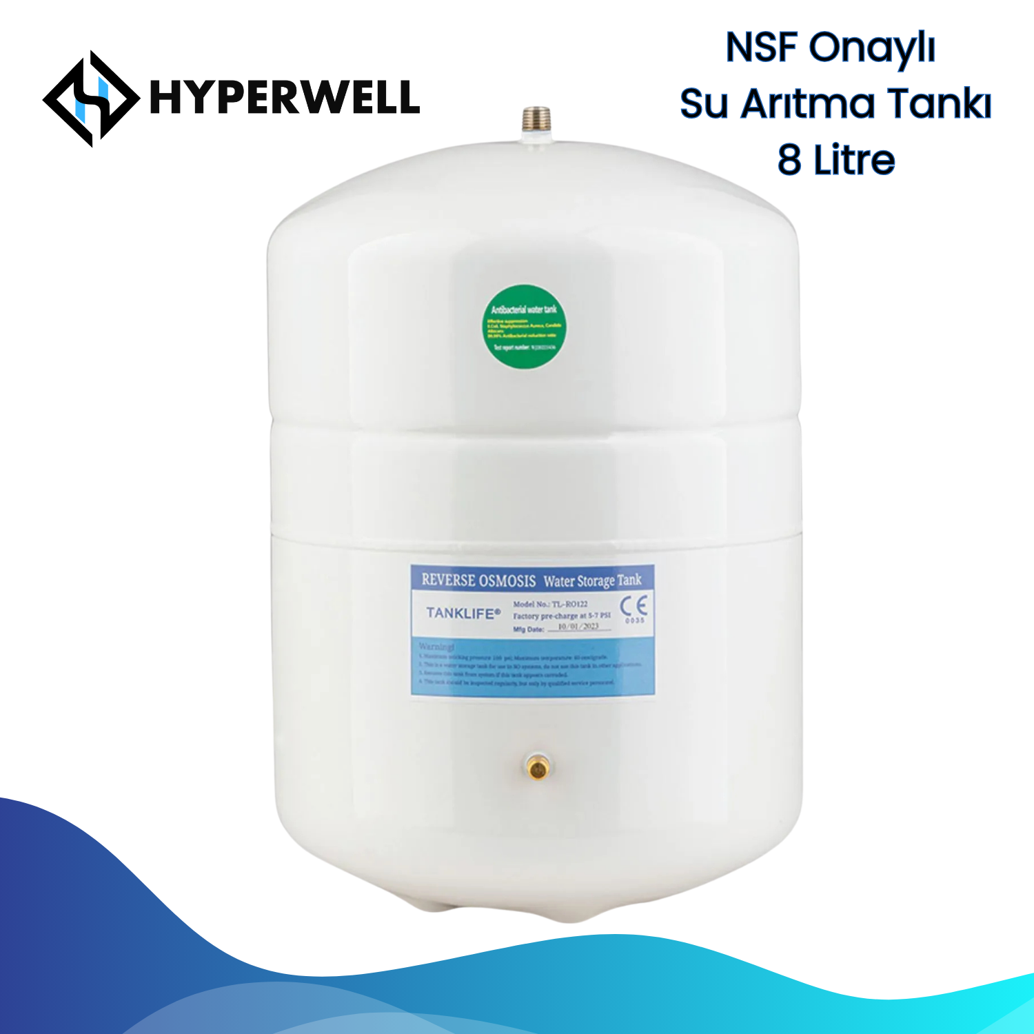 Beyaz, 8 litrelik Hyperwell NSF onaylı su arıtma tankı.