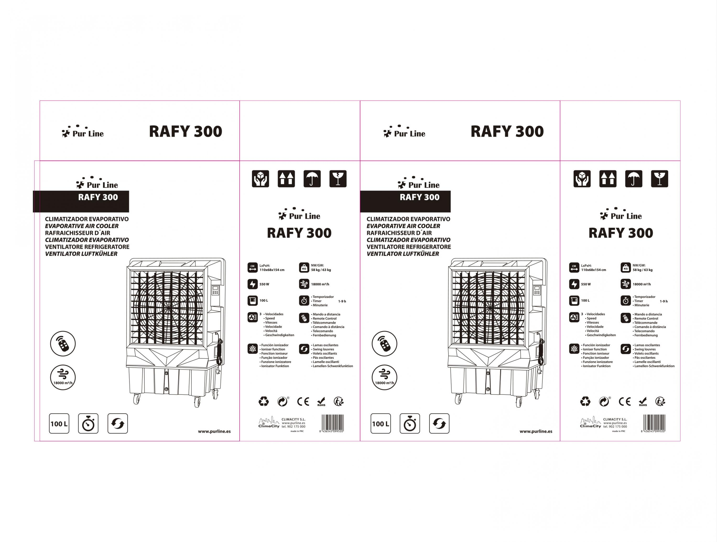 Un enfriador evaporativo blanco Pur Line RAFFY 300 con especificaciones técnicas.