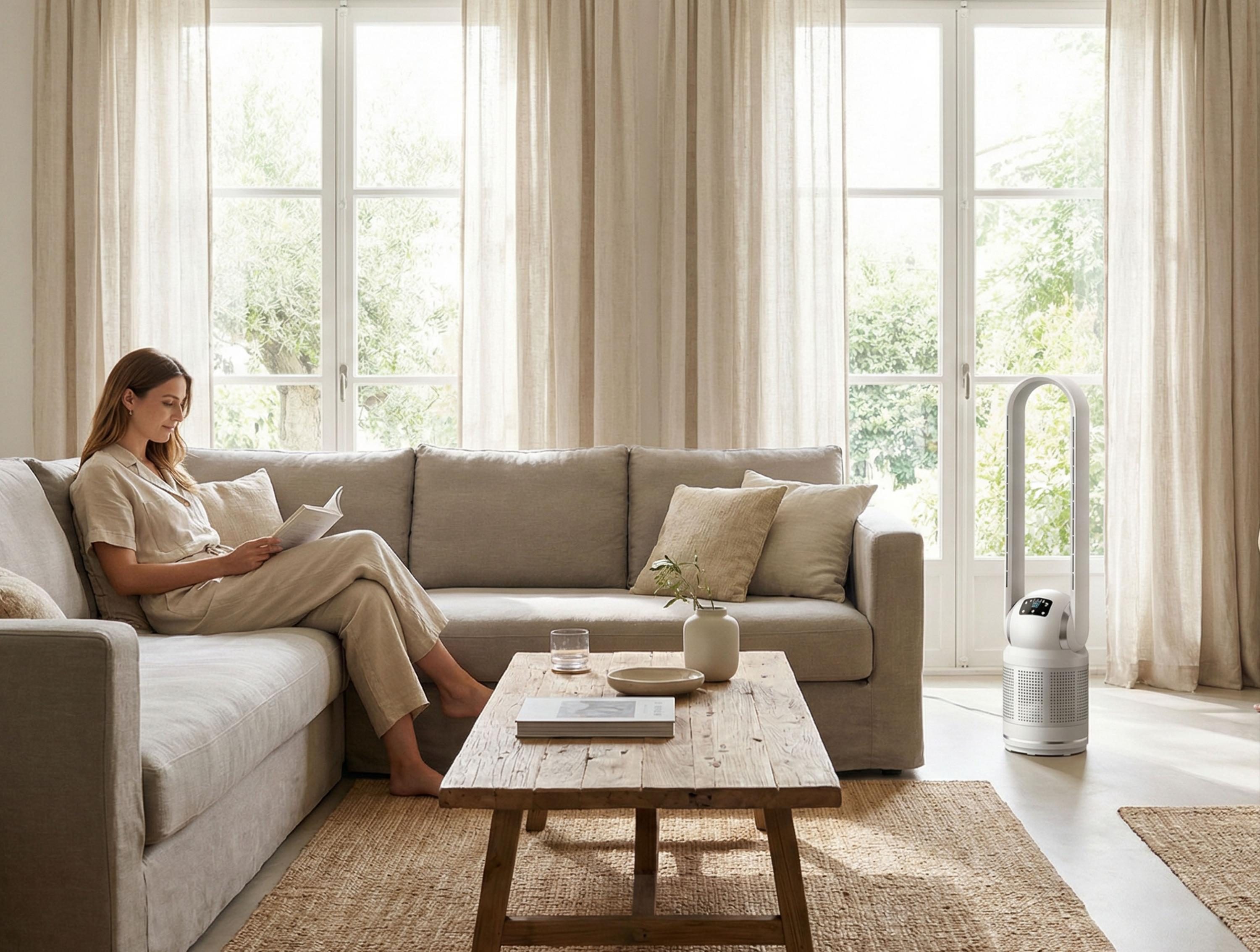 Una mujer lee en un sofá en una habitación luminosa con grandes ventanales.