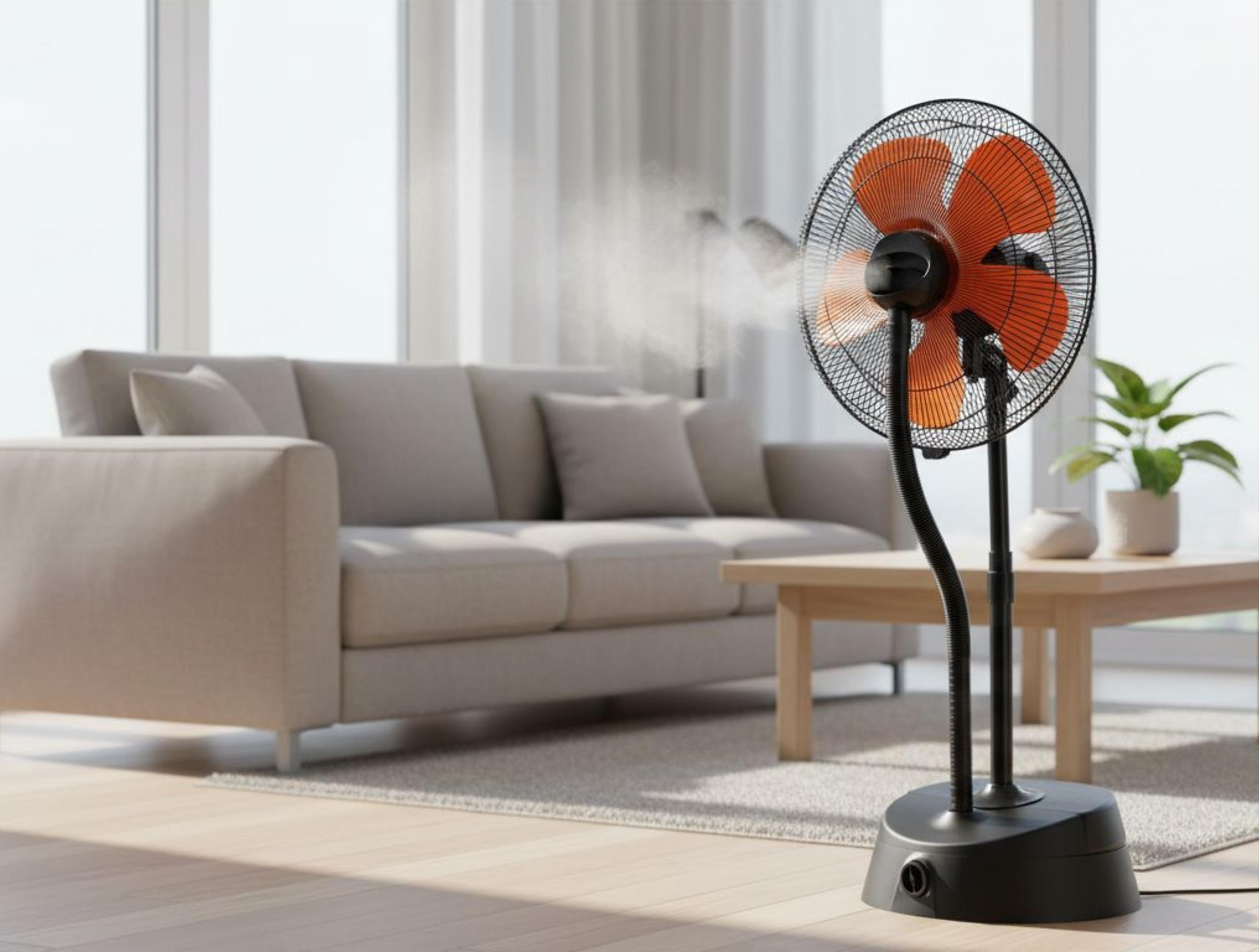Ein Nebellüfter mit orangen Rotorblättern steht in einem Wohnzimmer neben einem Sofa.