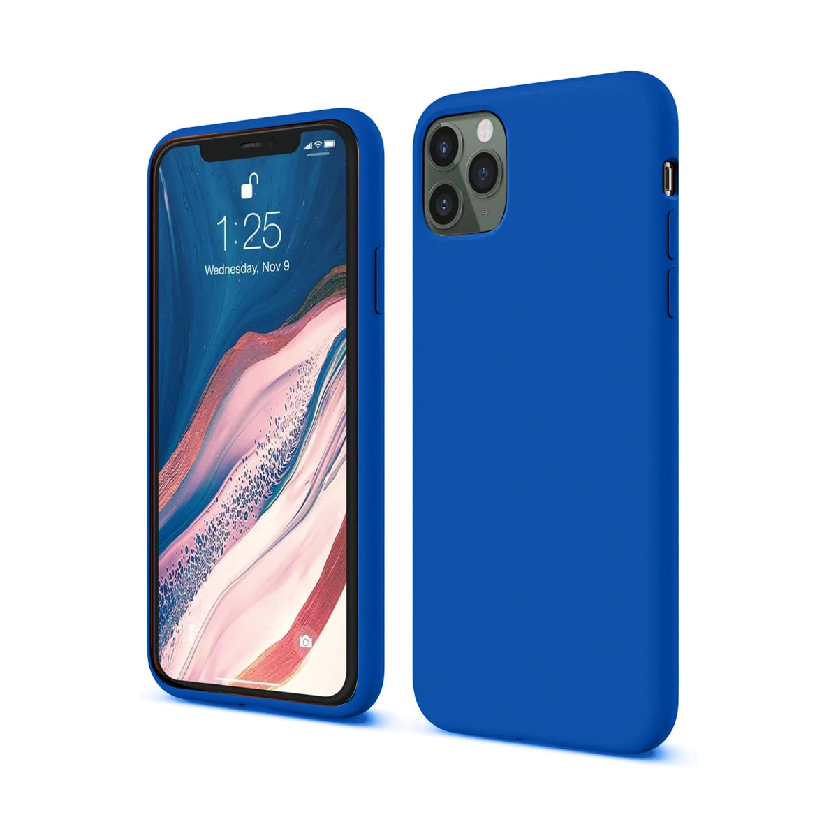 Yan yana iki mavi telefon kılıfı, biri ekranı gösteriyor, diğeri arkası.