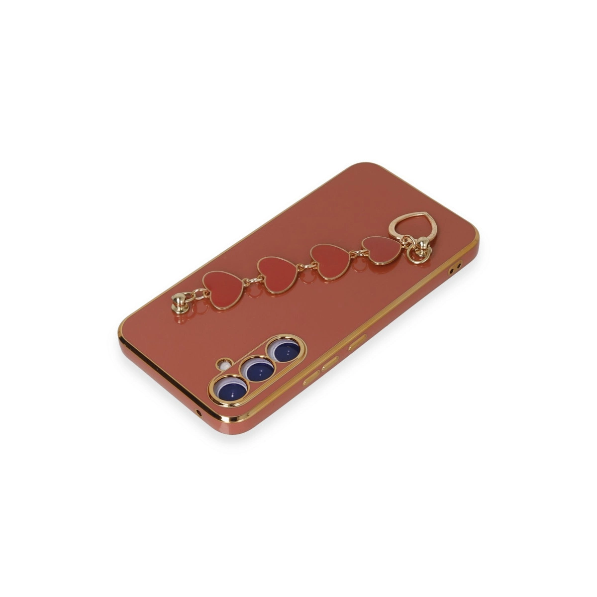 Altın kenarlı, kalp charm bileklikli, gül rengi telefon kılıfı.