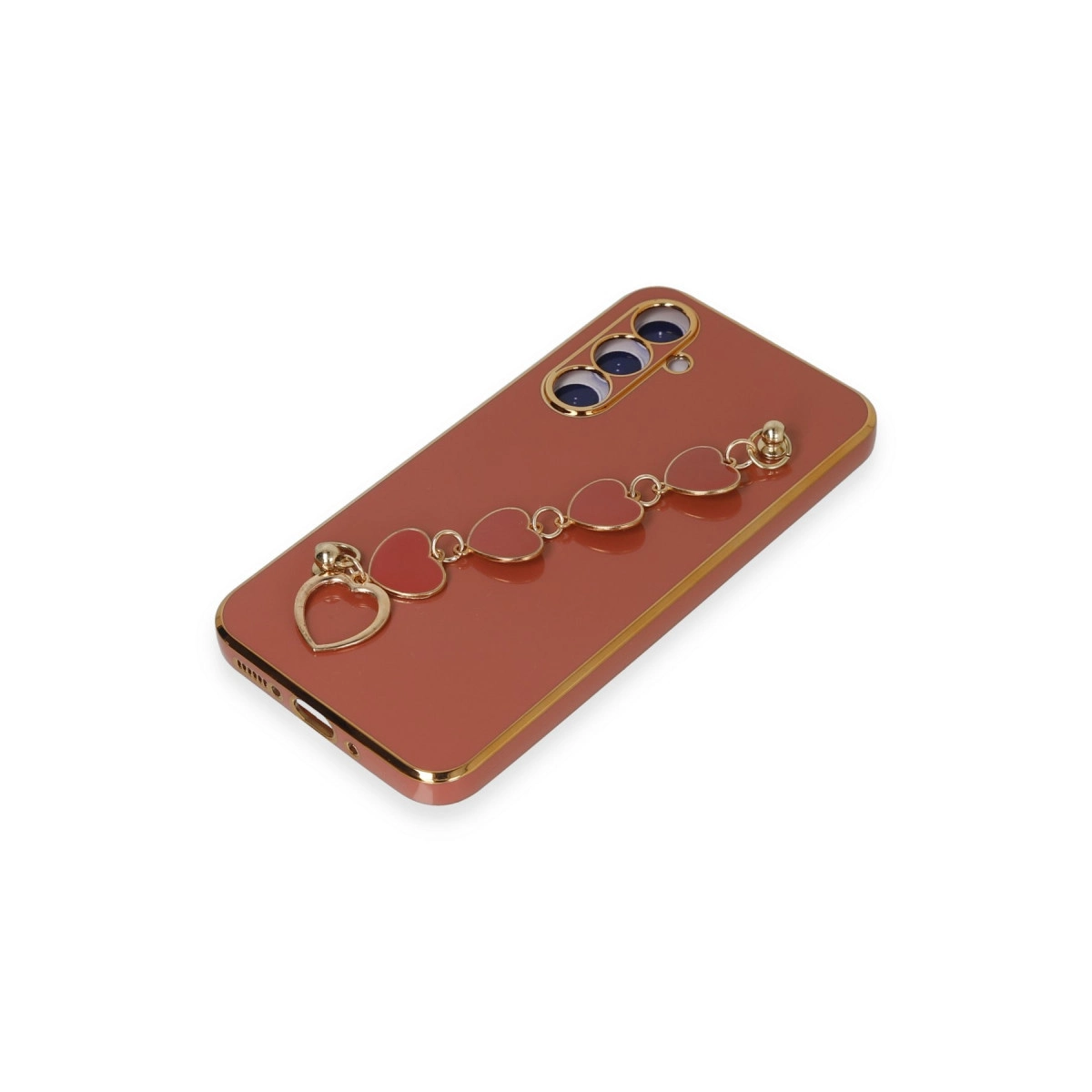 Altın kenarlı, kalp figürlü charm zincirli kahverengi telefon kılıfı.