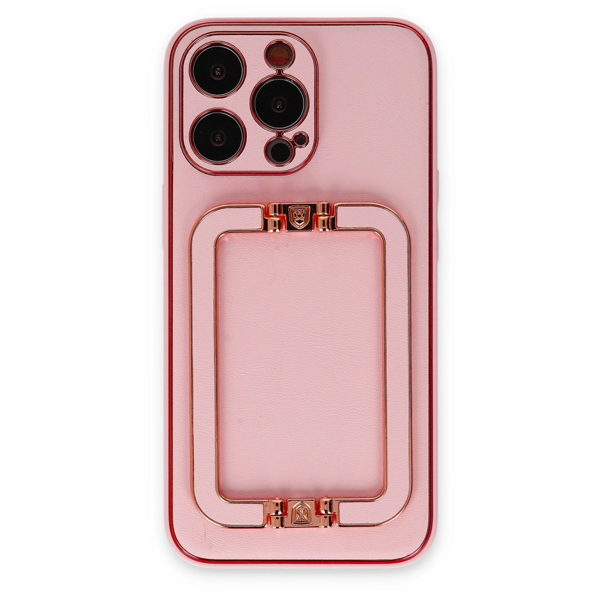 Dört kameralı ve entegre halkalı pembe telefon kılıfı.