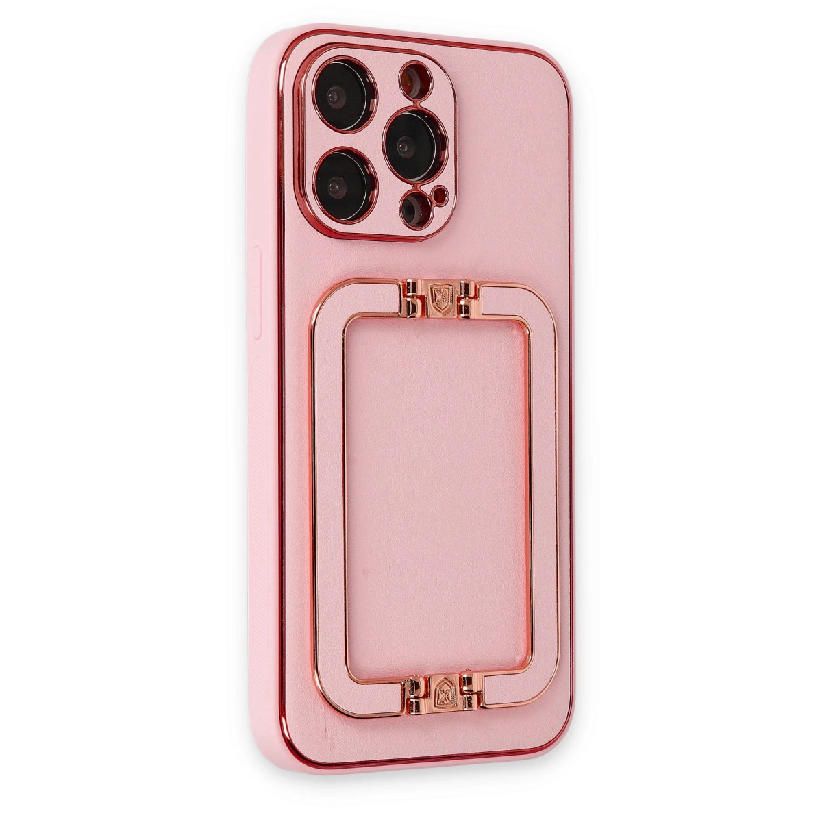 Kamera kesimli ve halka tutuculu pembe telefon kılıfı.