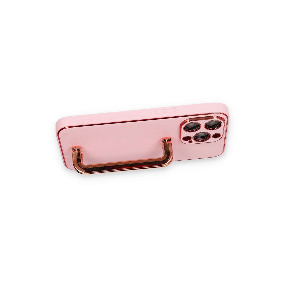 Rose altın kulp ve kamera kesiği olan pembe telefon kılıfı.