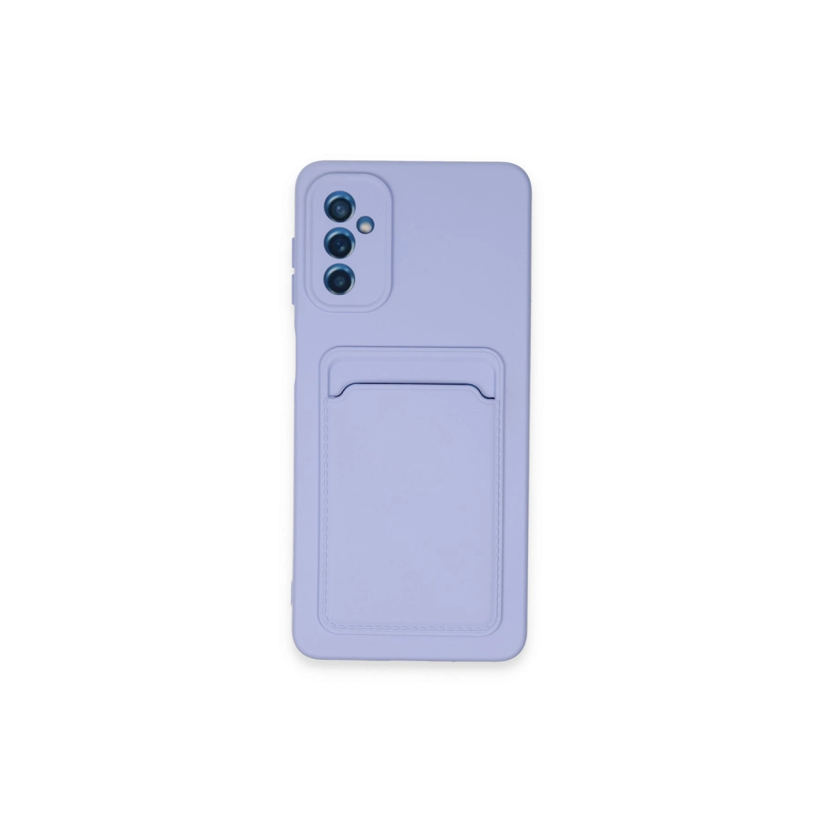 Lavanta rengi telefon kılıfı, kart yuvası ve üç kamera lensi.