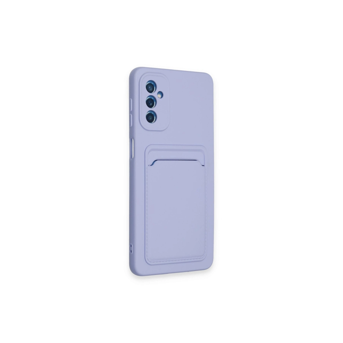 Kart bölmeli ve üç kamera lensli mor telefon kılıfı.
