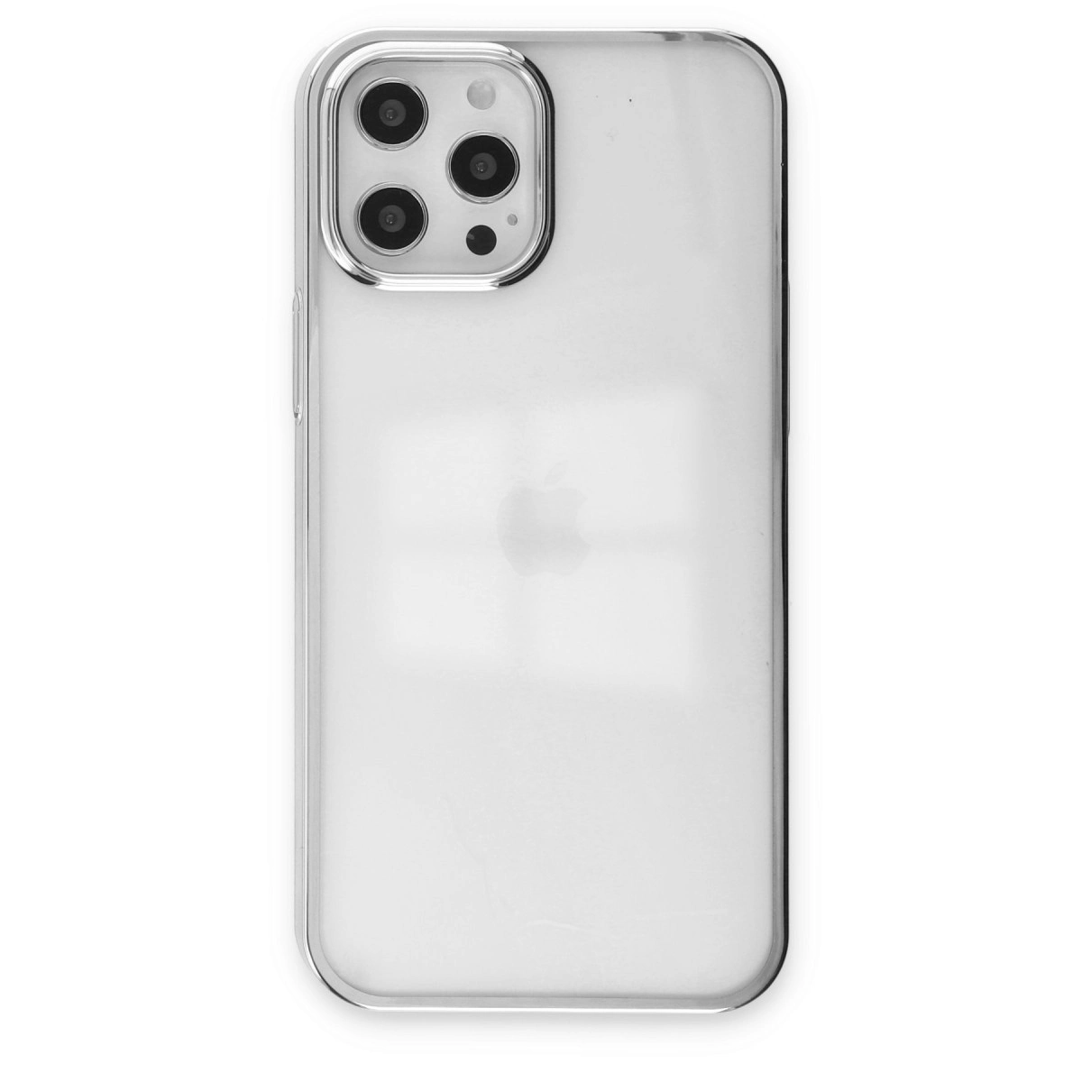 Gümüş kenarlı ve üçlü kamera sistemli şeffaf telefon kılıfı.