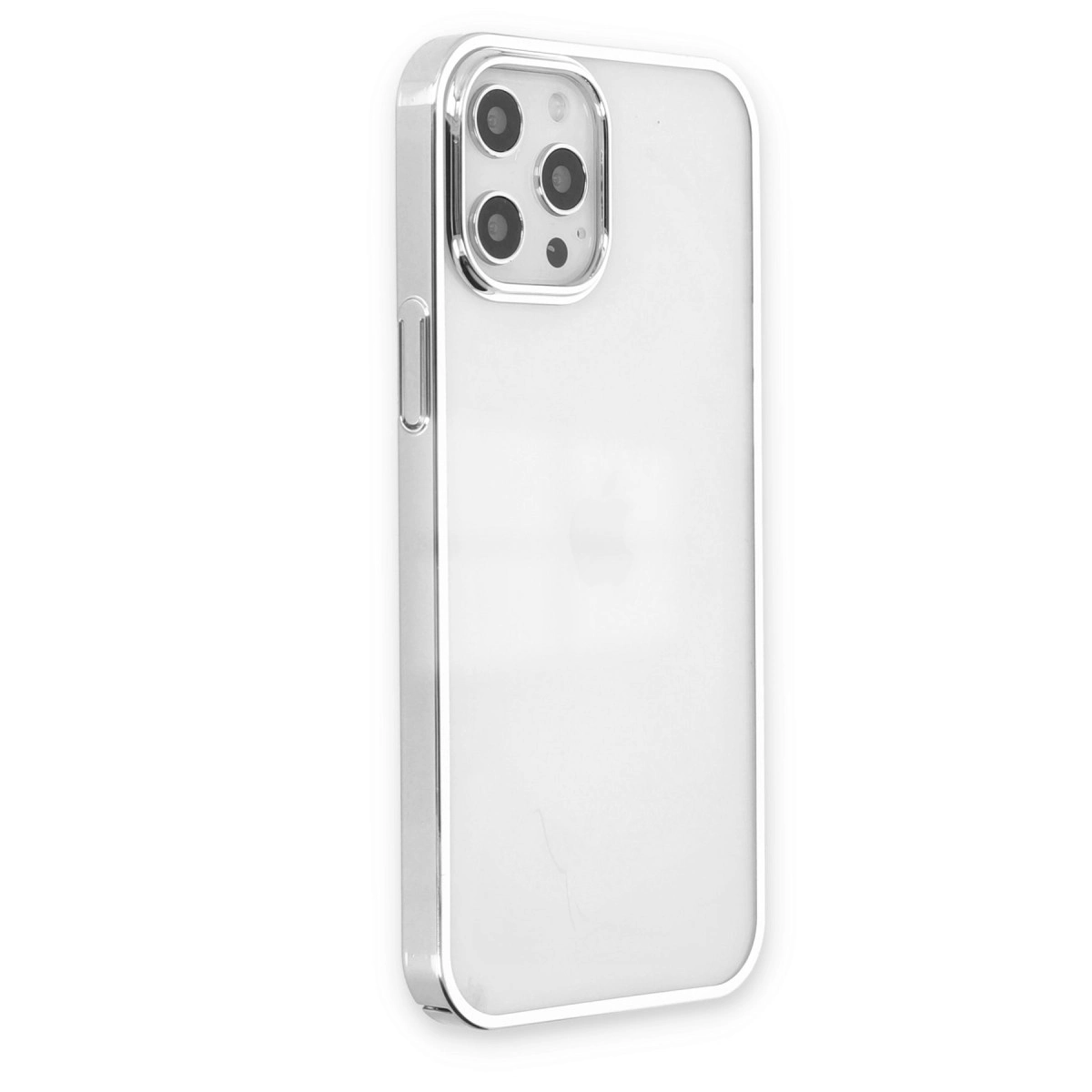 Gümüş çerçeveli ve kamera kesimli beyaz telefon kılıfı.