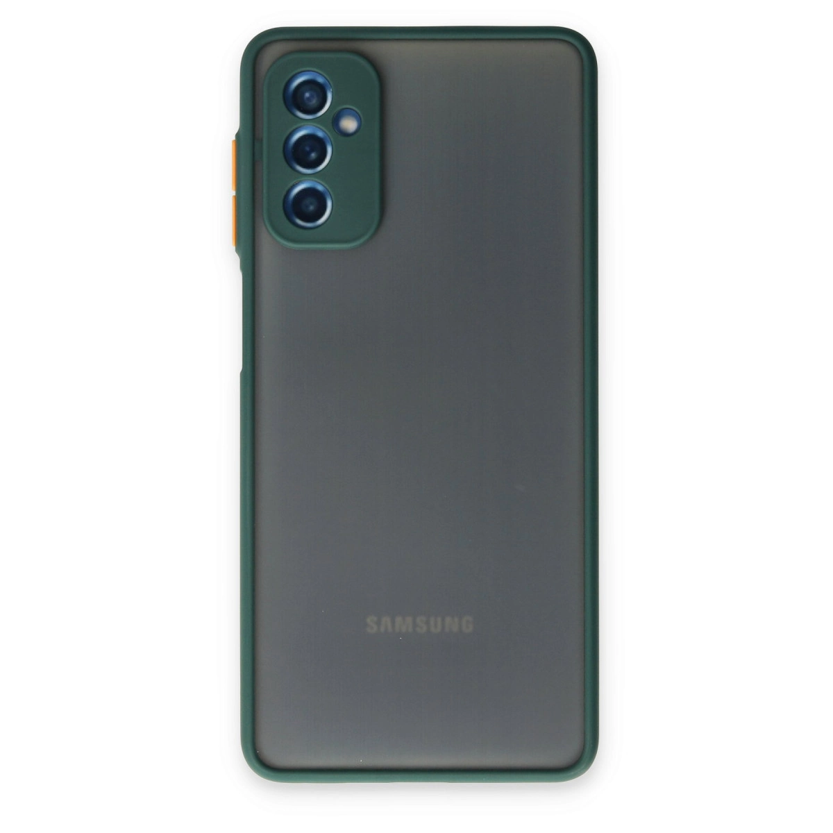 Yeşil çerçeveli ve kameralı koyu renk Samsung telefonun arkası.