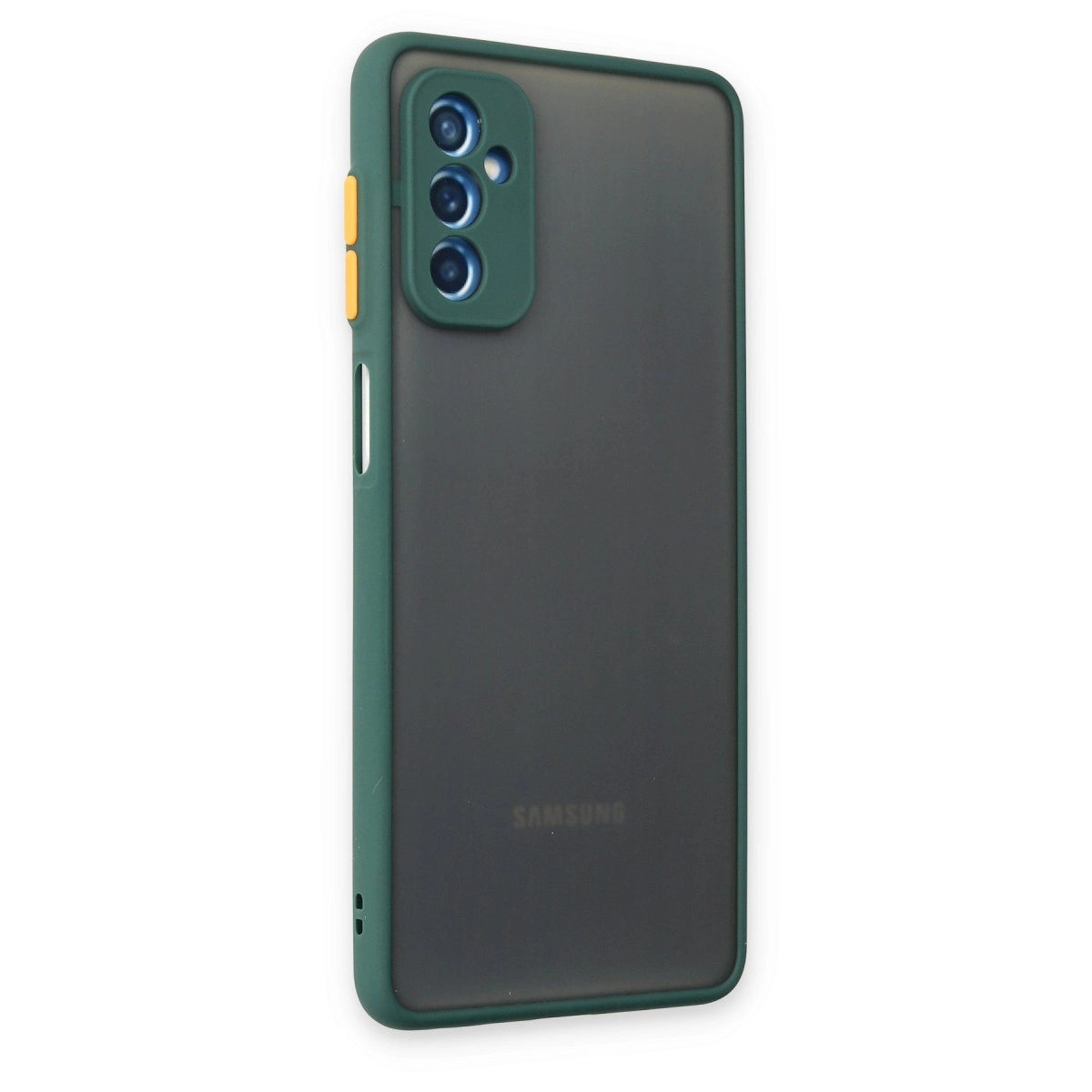 Koyu gri Samsung telefon, yeşil kılıf ve kamera bloğu.