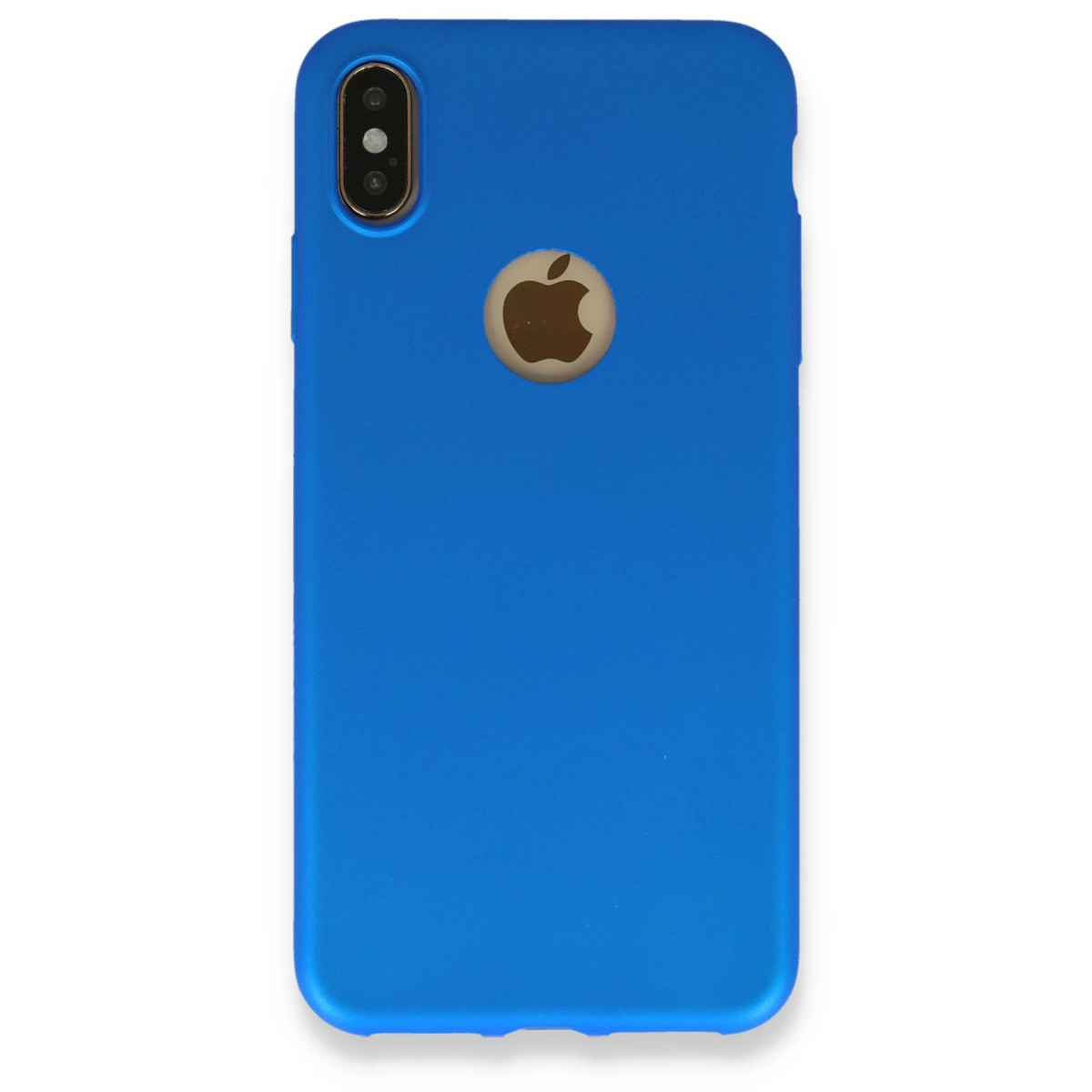 Elma logolu ve kamera kesimli mavi iPhone kılıfı.