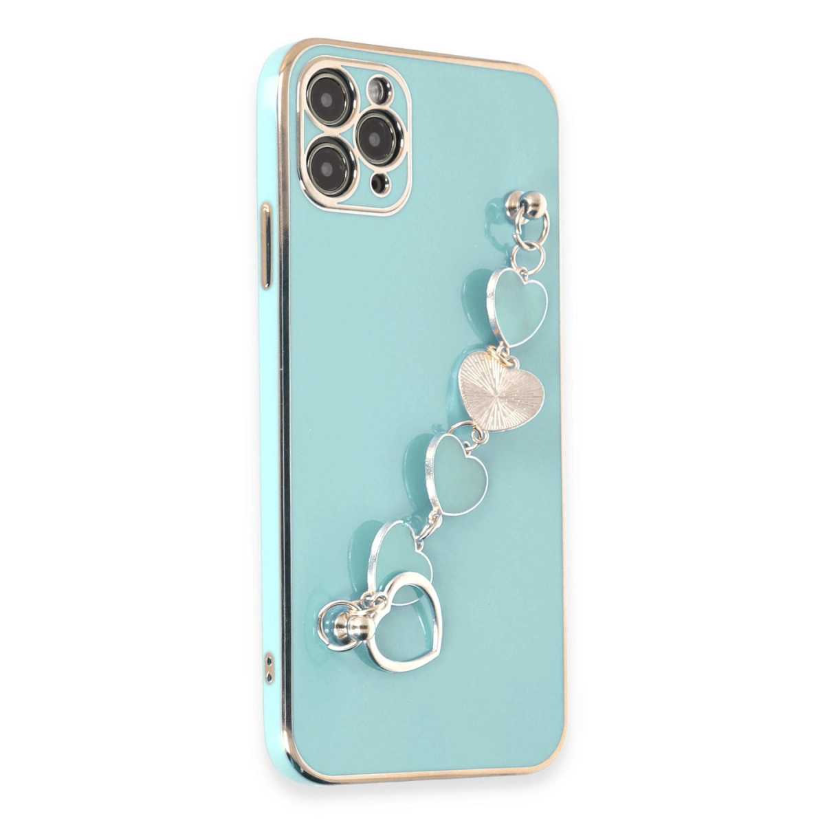 Kalp charm bileklikli ve lensli turkuaz telefon kılıfı.