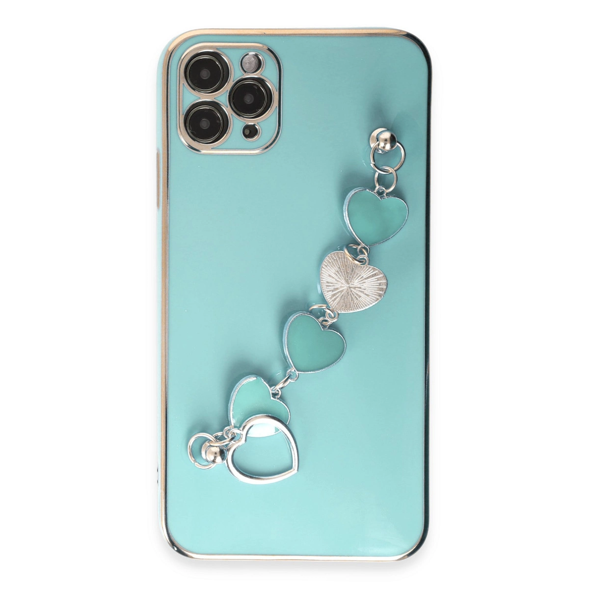 Gümüş kalp charm bileklikli turkuaz telefon kılıfı.
