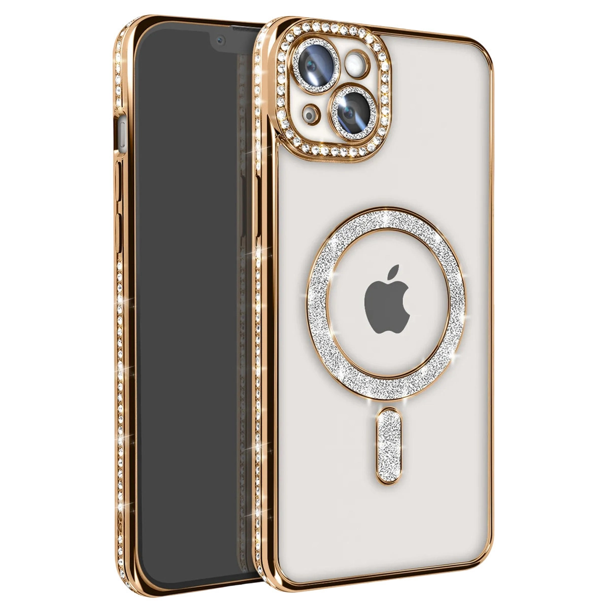 Kamera ve Apple logosu etrafında kristaller bulunan altın rengi telefon kılıfı.