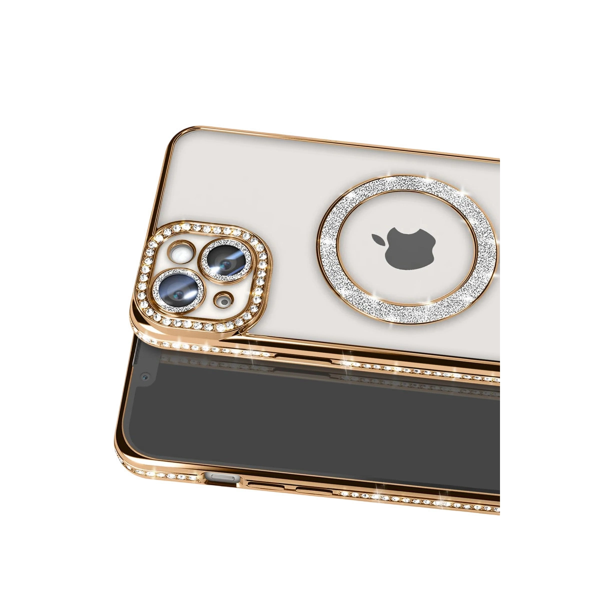Elmas taşlı altın iPhone kılıfı, kamera korumalı ve Apple logosu.