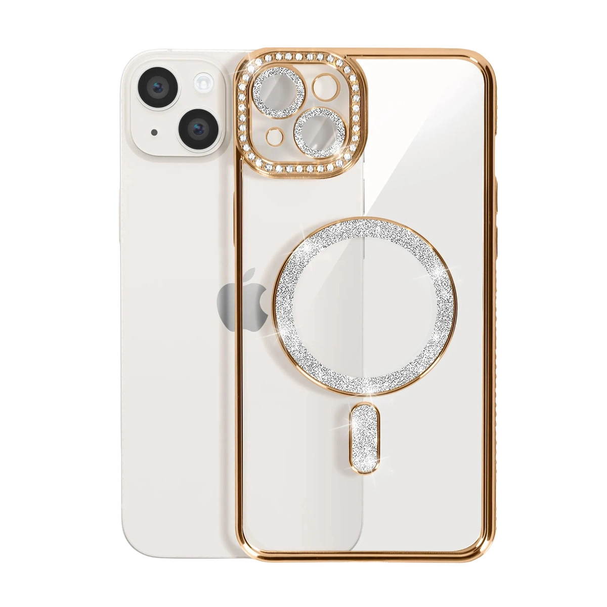 Altın kenarlı ve sim detaylı şeffaf kılıflı beyaz iPhone.