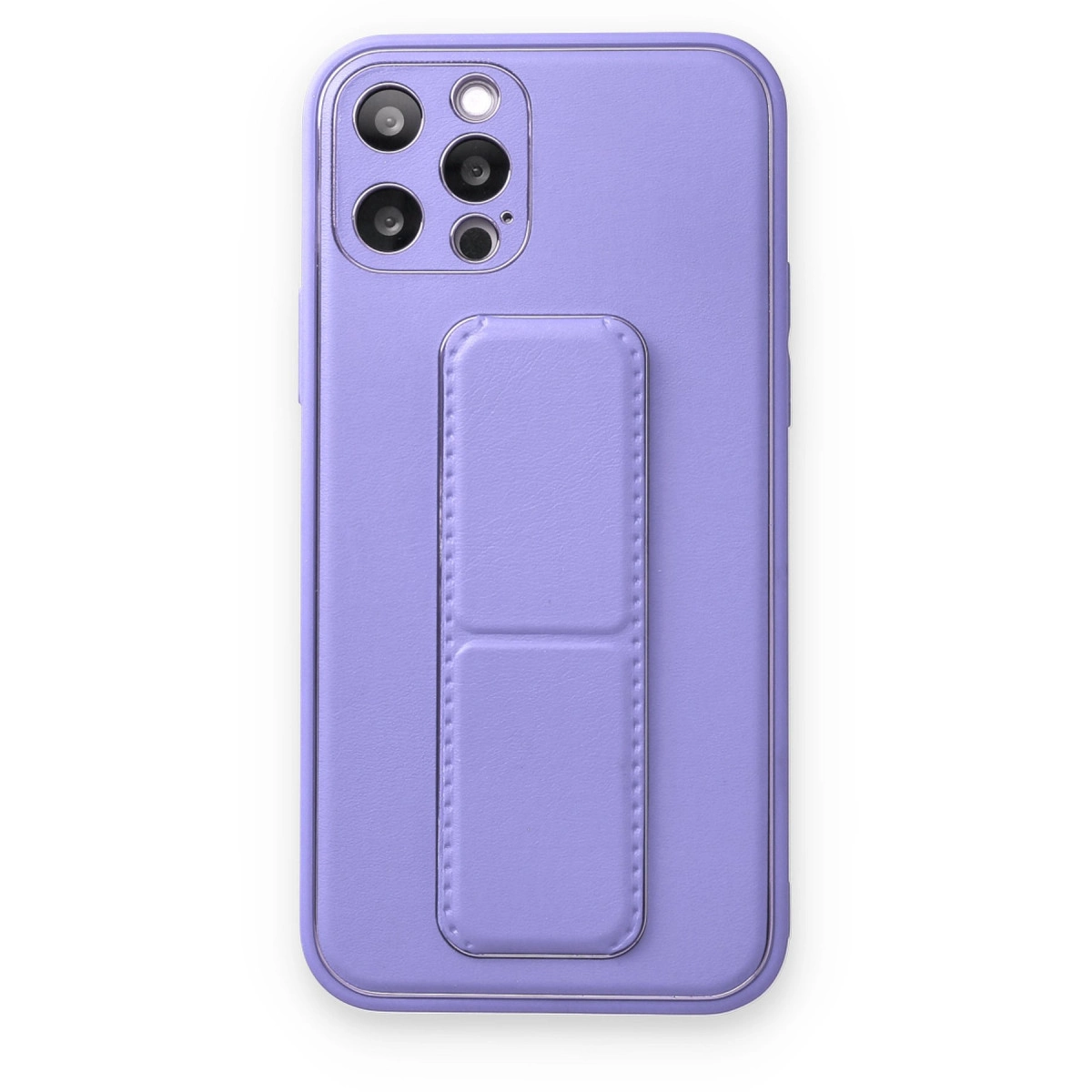 Dört kameralı ve entegre tutamaklı mor telefon kılıfı.