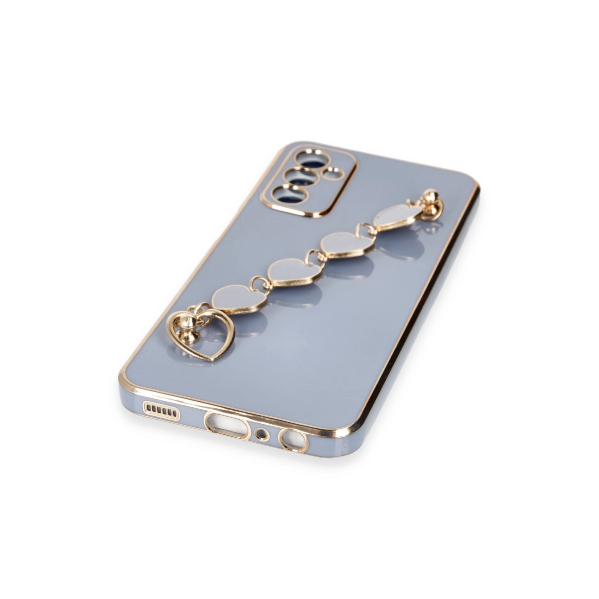 Kalp charm bileklikli ve altın kenarlı gri telefon kılıfı.
