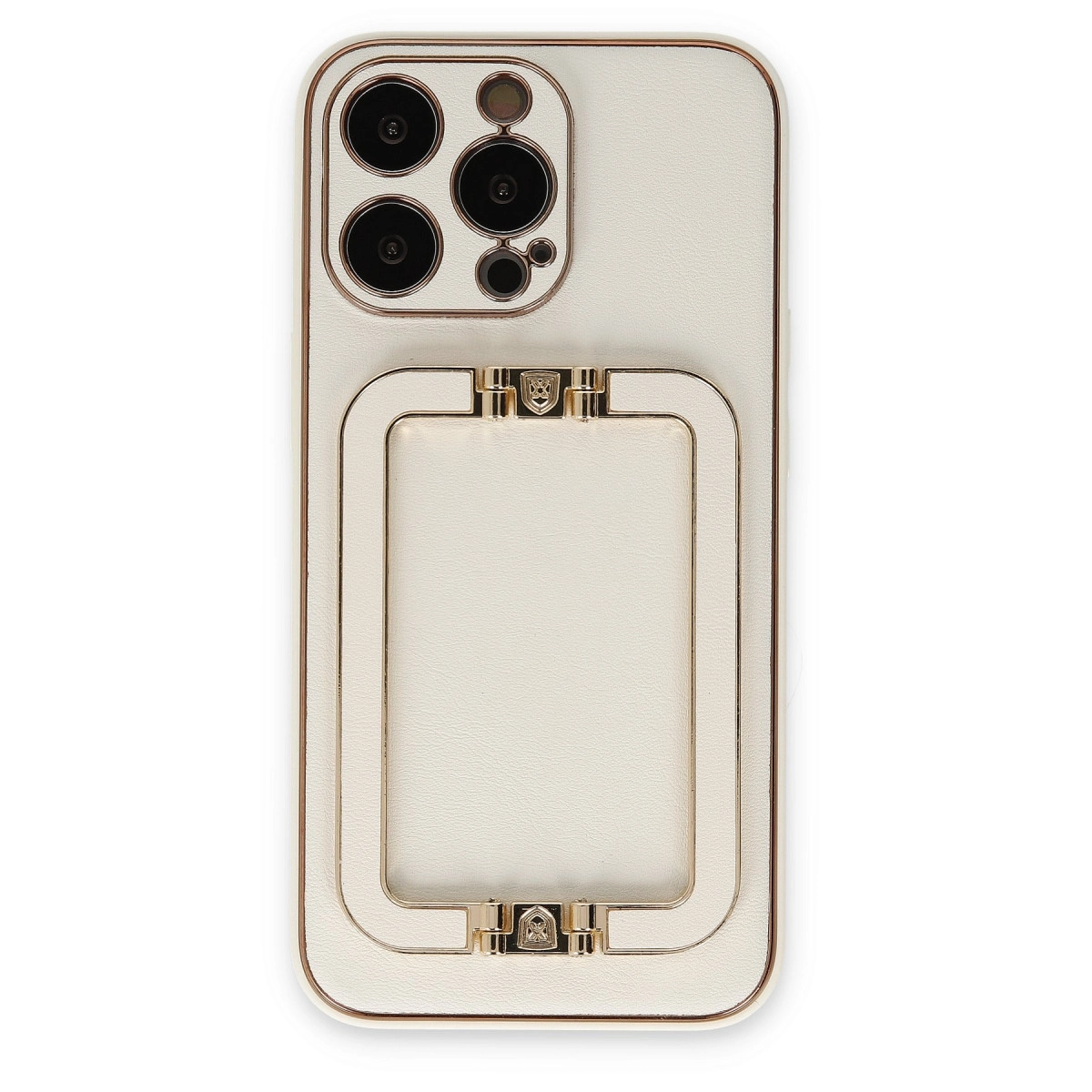 Altın kenarlı, fildişi rengi telefon kılıfı ve kamera modülü.