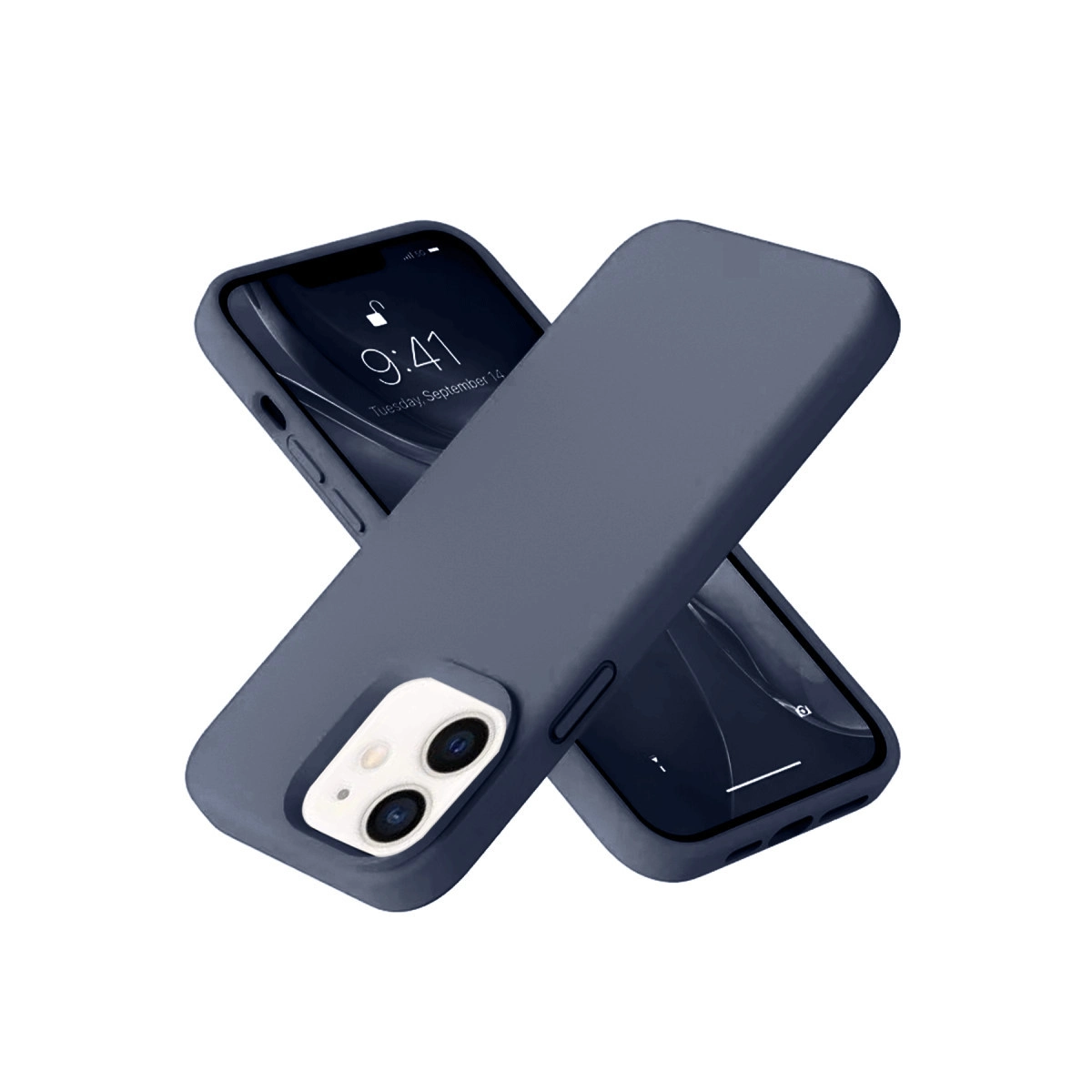 Beyaz arka plan üzerinde üst üste binen iki koyu mavi telefon kılıfı.