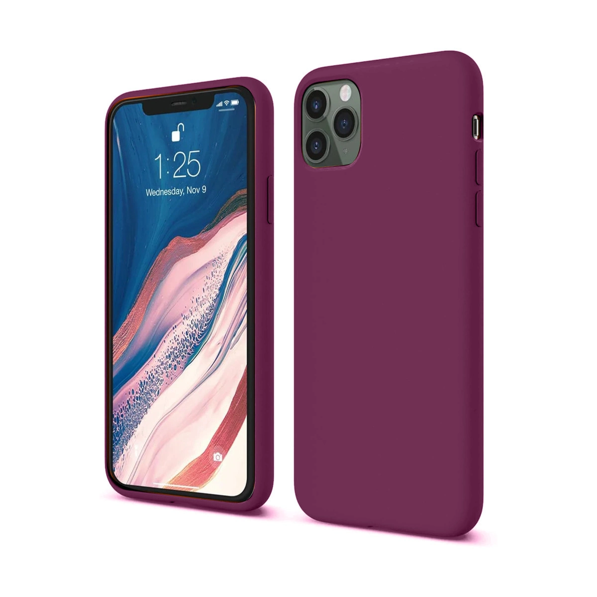 Kilit ekranı açık mor bir iPhone ve yanında kılıfı.