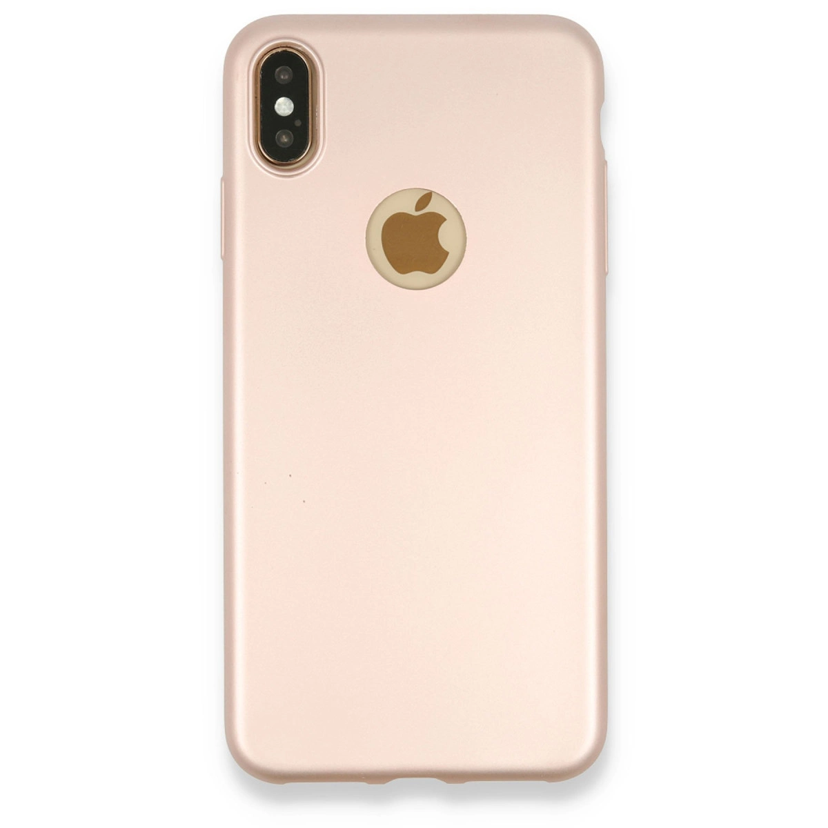 Arkada altın rengi Apple logosu bulunan, rose altın rengi iPhone kılıfı.