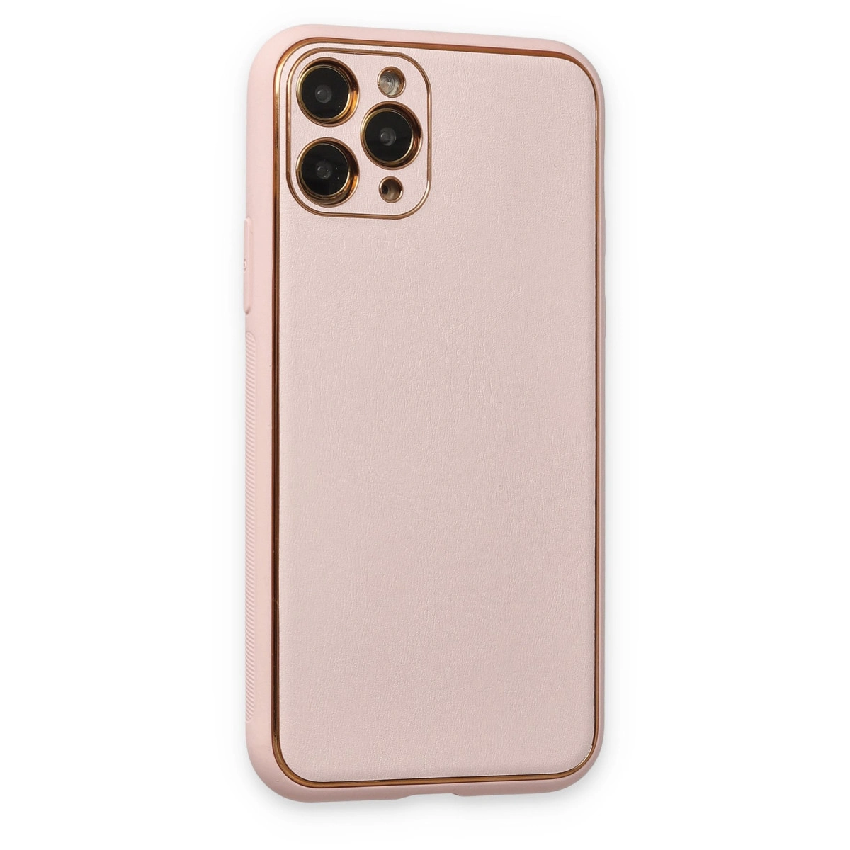 Altın çerçeveli ve kamera yuvalı açık pembe telefon kılıfı.