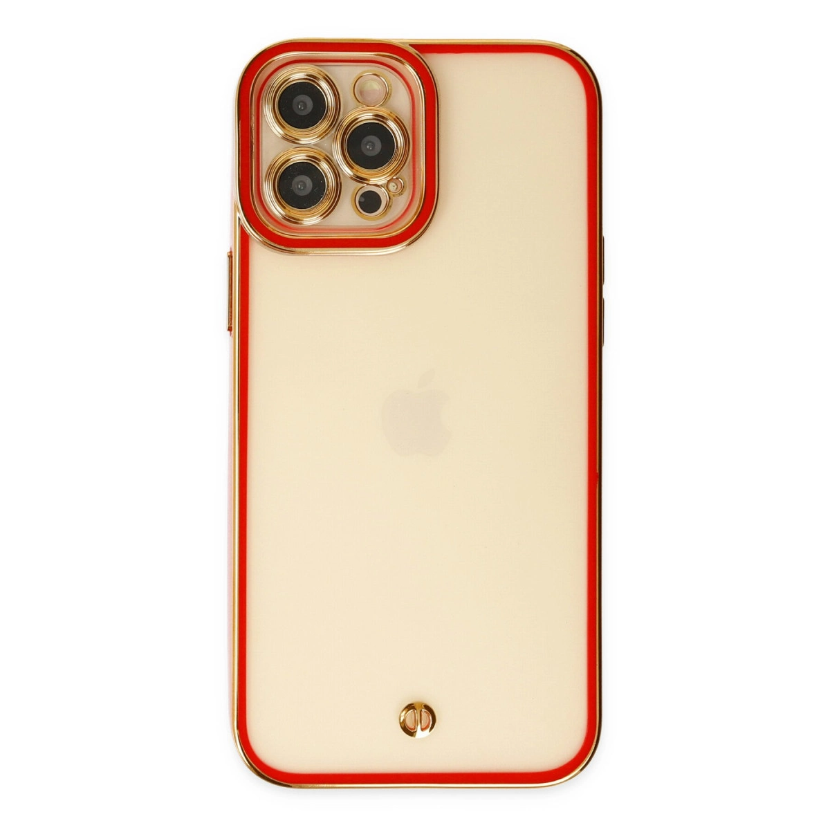 Kırmızı çerçeveli ve dört kamera lensli altın iPhone kılıfı.