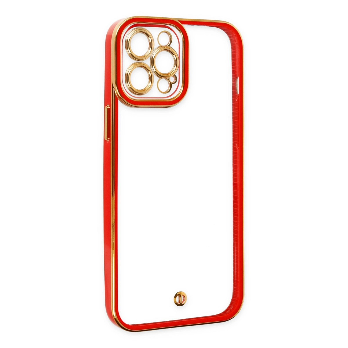 Altın çerçeveli kırmızı telefon kılıfı, halkalı kamera kesiği.