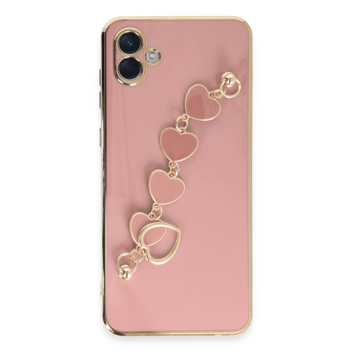 Kalp şeklinde takı ve altın kenarlı pembe telefon kılıfı.