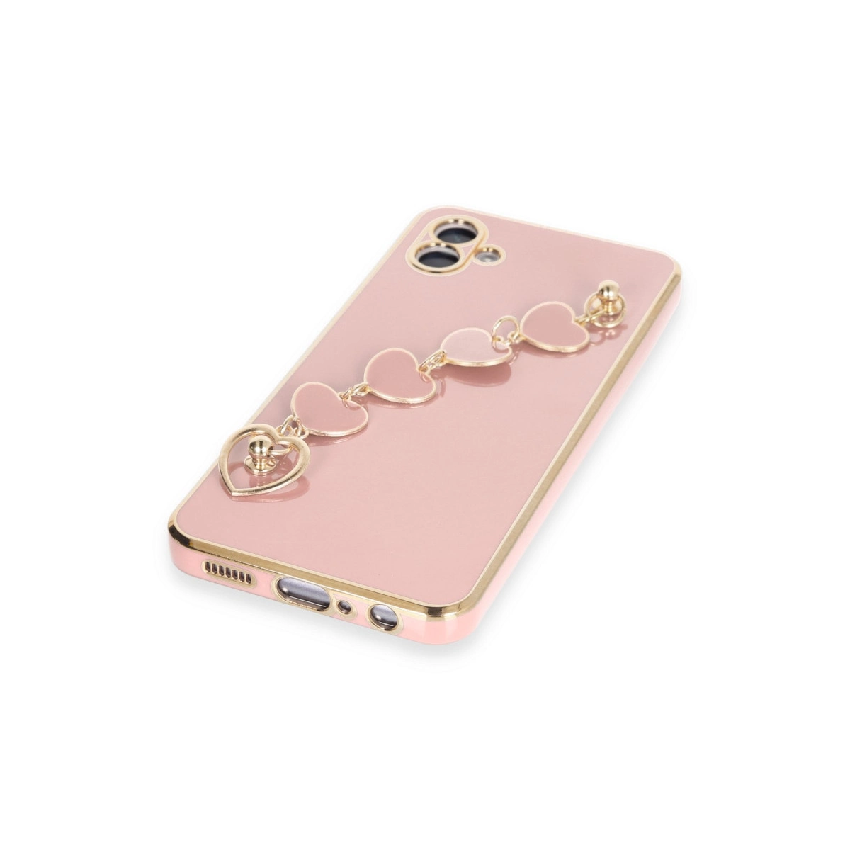 Altın kenarlı, kalp charm bileklikli pembe telefon kılıfı.