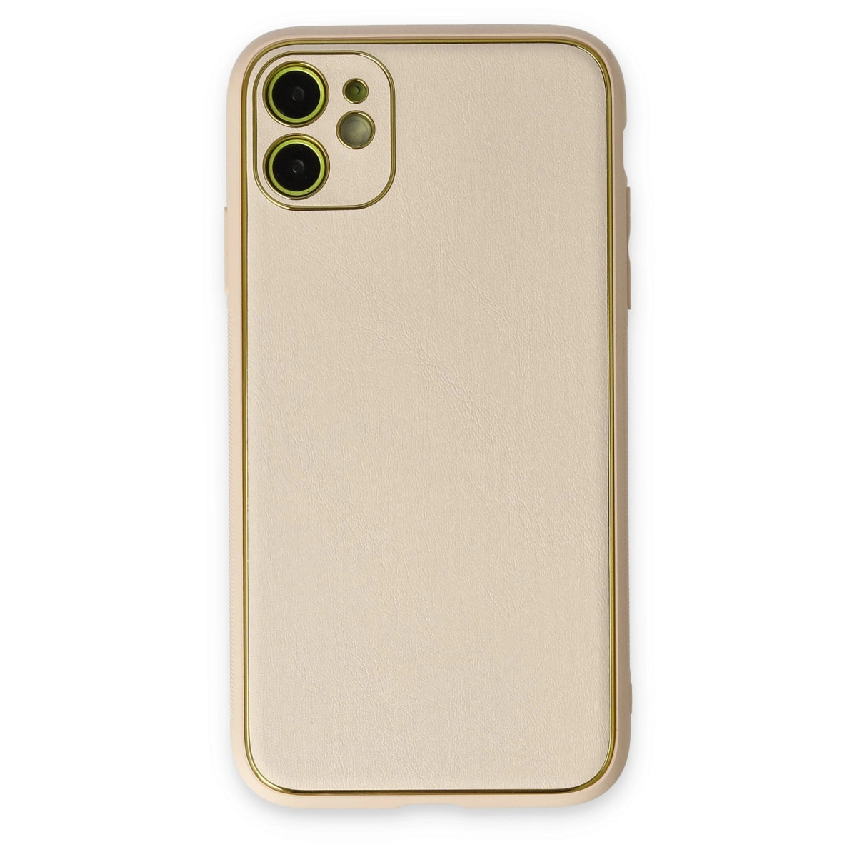 Altın kenarlı ve kamera kesimli bej telefon kılıfı.