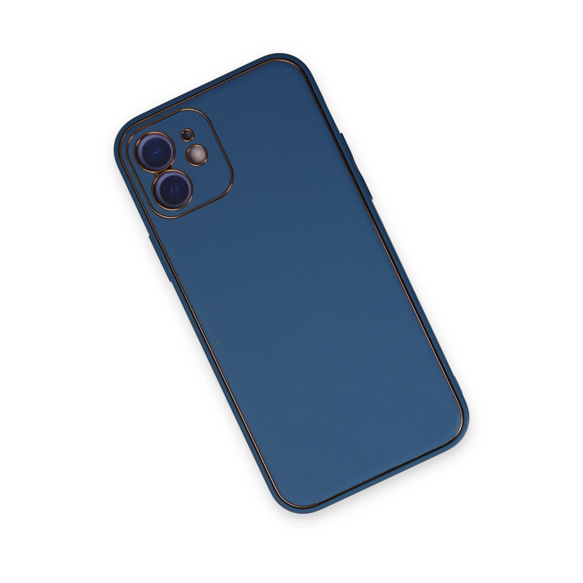 İki kameralı, altın kenarlı lacivert telefon kılıfı.