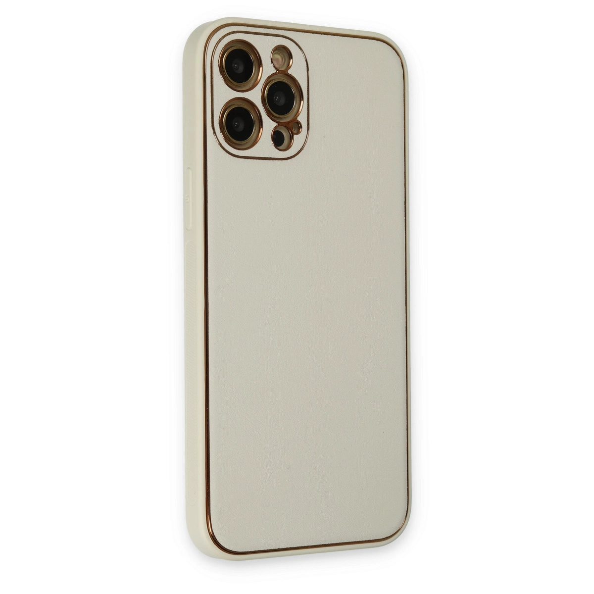 Altın kenarlı ve kamera modüllü krem rengi telefon kılıfı.