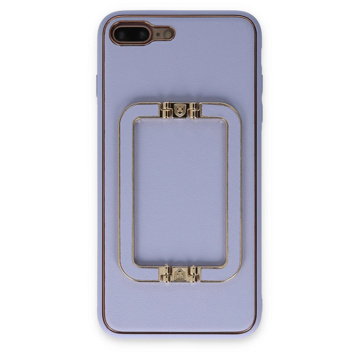 Altın halka tutucu ve amblemli leylak rengi iPhone kılıfı.
