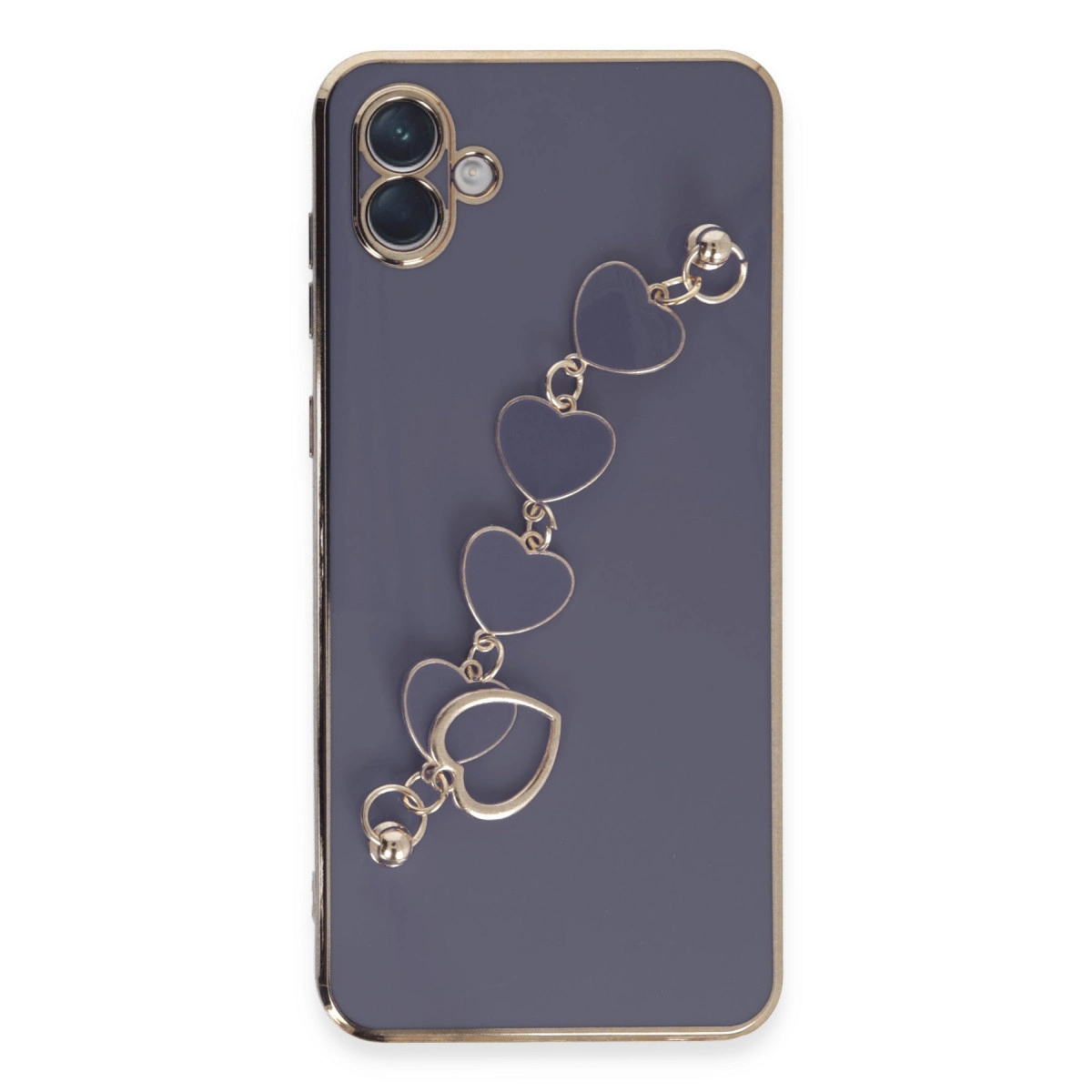 Kameralı koyu gri telefon ve kalp şeklinde charm bileklik.