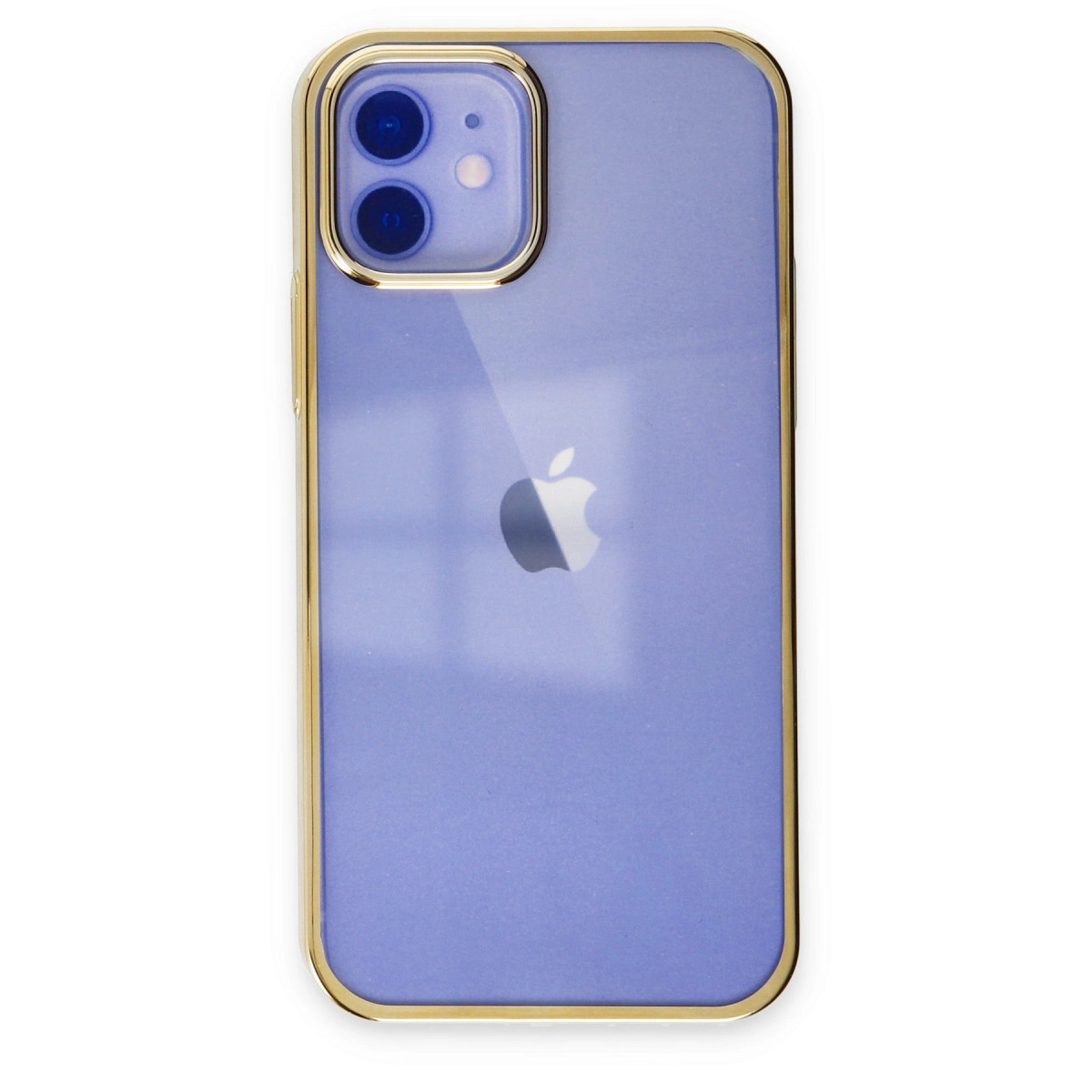 Çift kameralı, altın çerçeveli mor iPhone, Apple logosu bulunur.