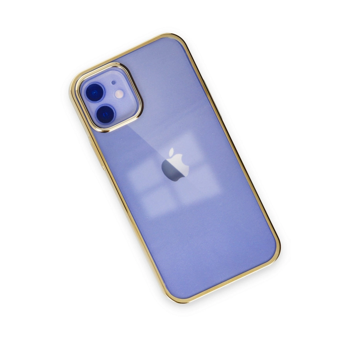Altın kenarlı, Apple logolu mor iPhone kılıfı beyaz zeminde.
