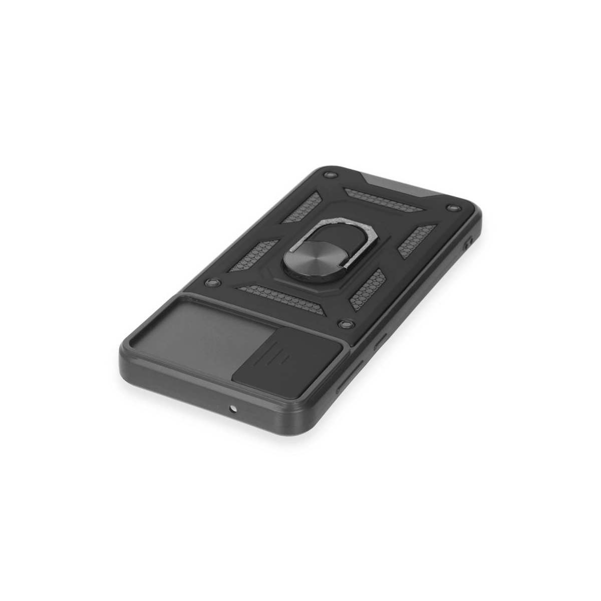 Halka tutuculu ve kayar kamera kapaklı siyah telefon kılıfı.