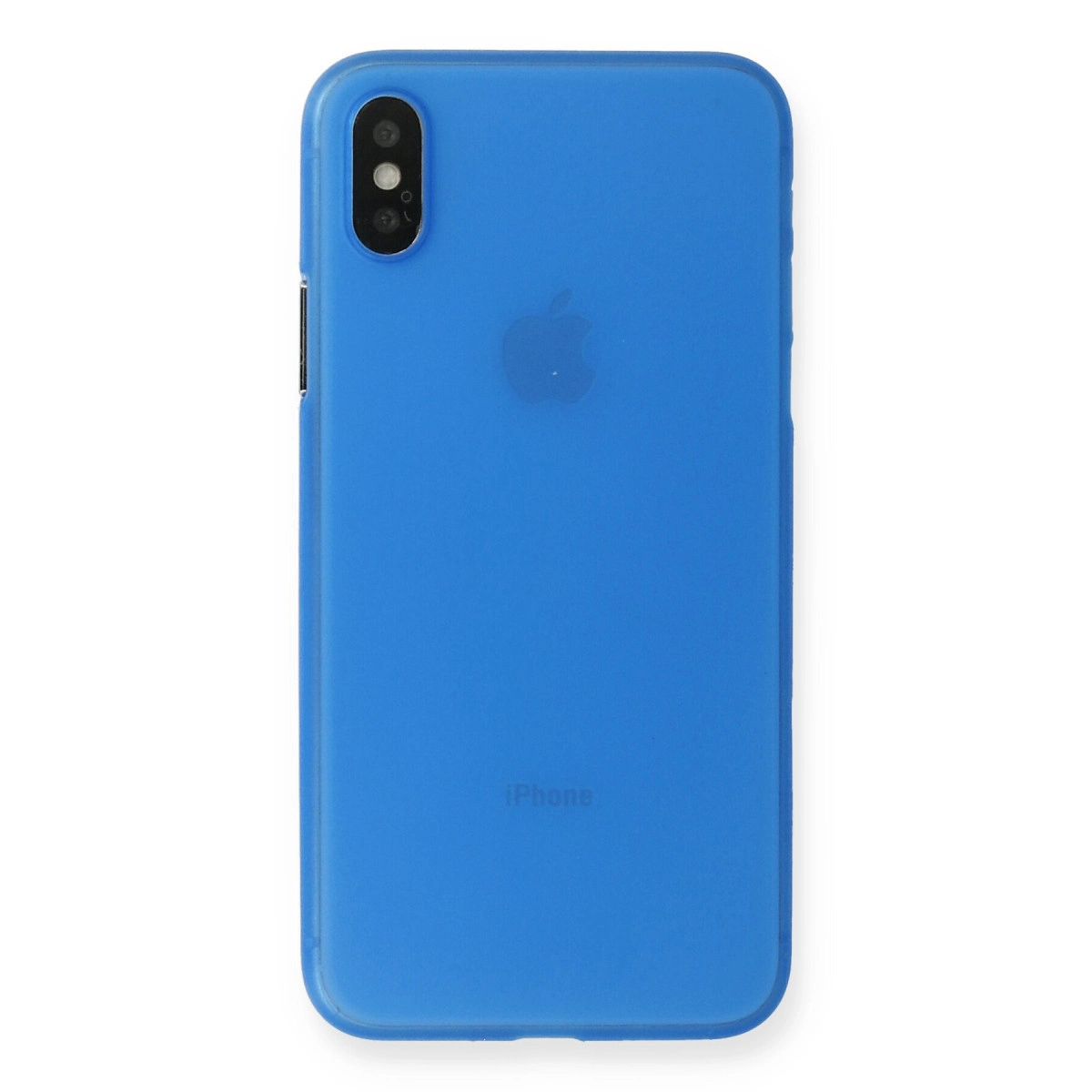 Apple logosu ve "iPhone" yazısı olan mavi telefon kılıfı.