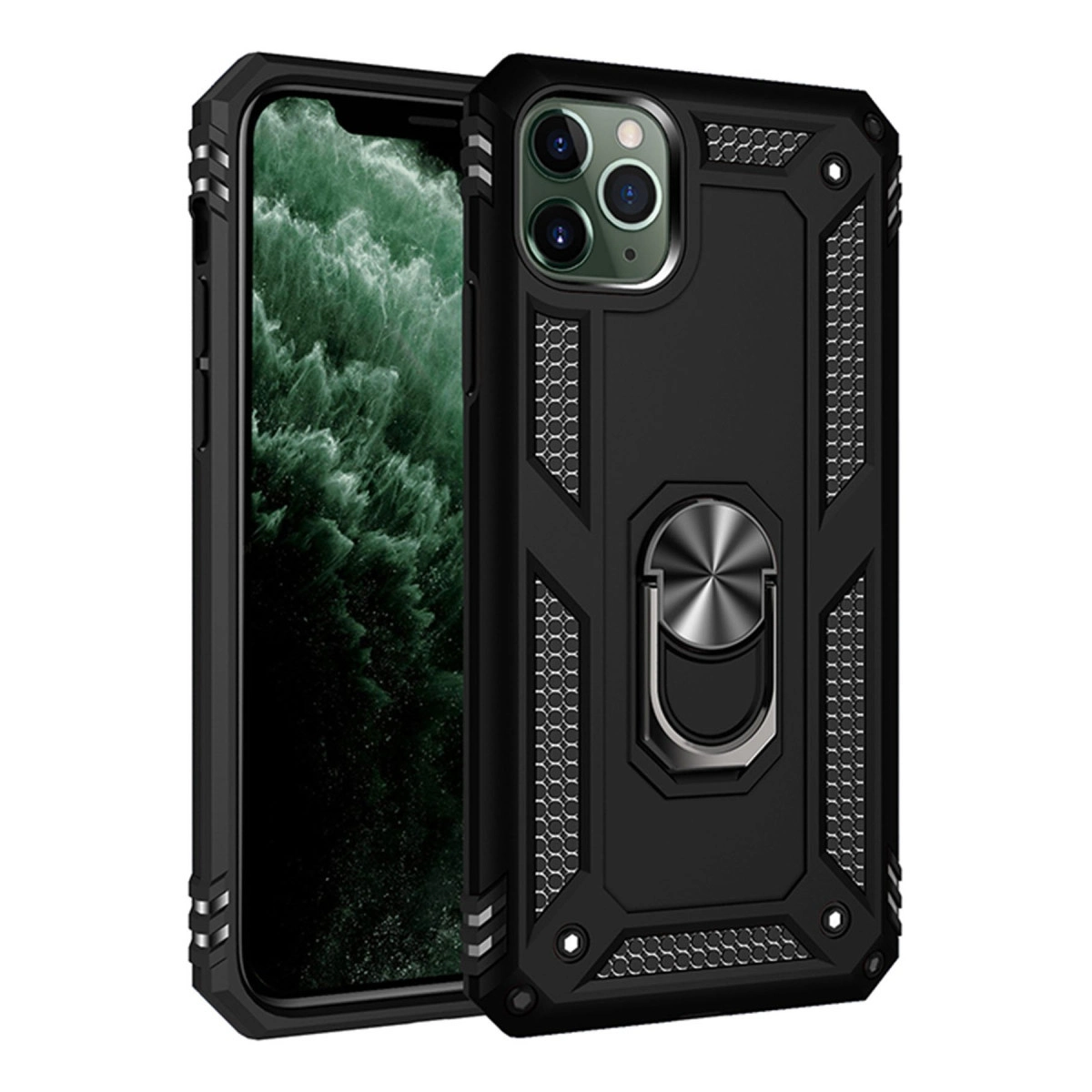 Entegre halka tutuculu ve yeşil ekran duvar kağıtlı siyah telefon kılıfı.