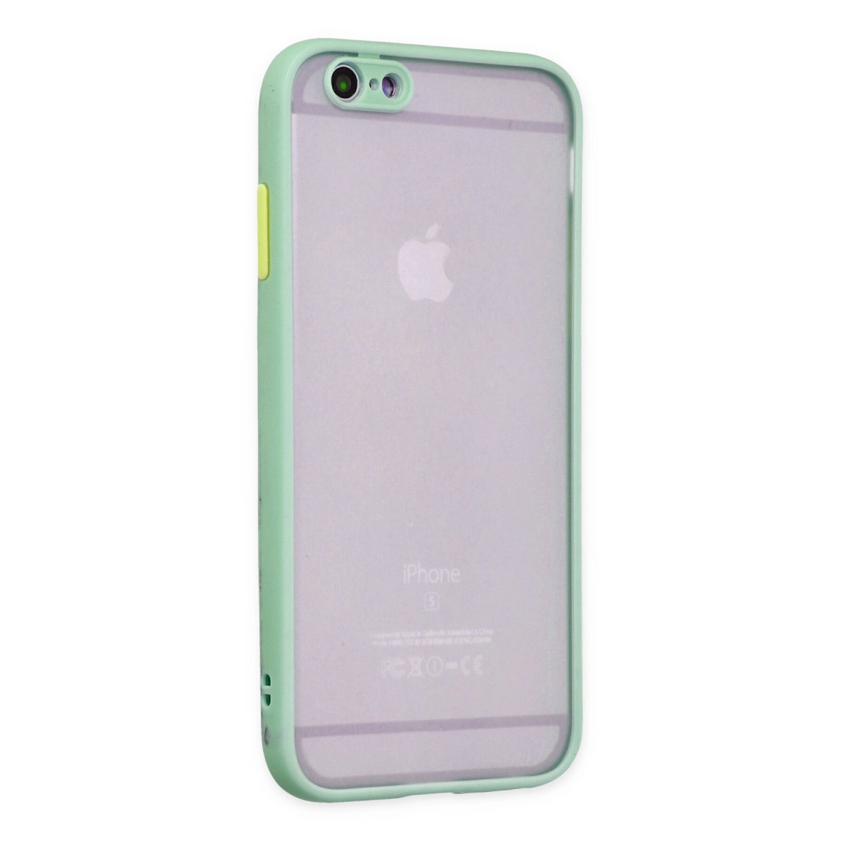 Şeffaf arka ve Apple logosuna sahip açık yeşil iPhone 6s kılıfı.