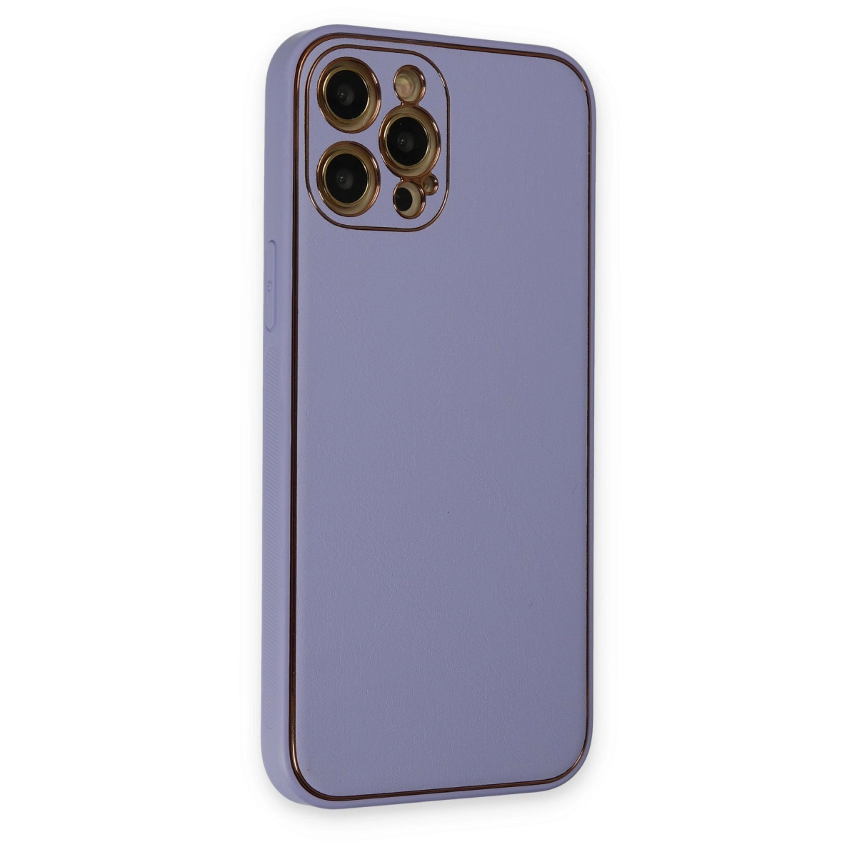 Dört kamera lensli ve altın rengi çerçeveli mor telefon kılıfı.