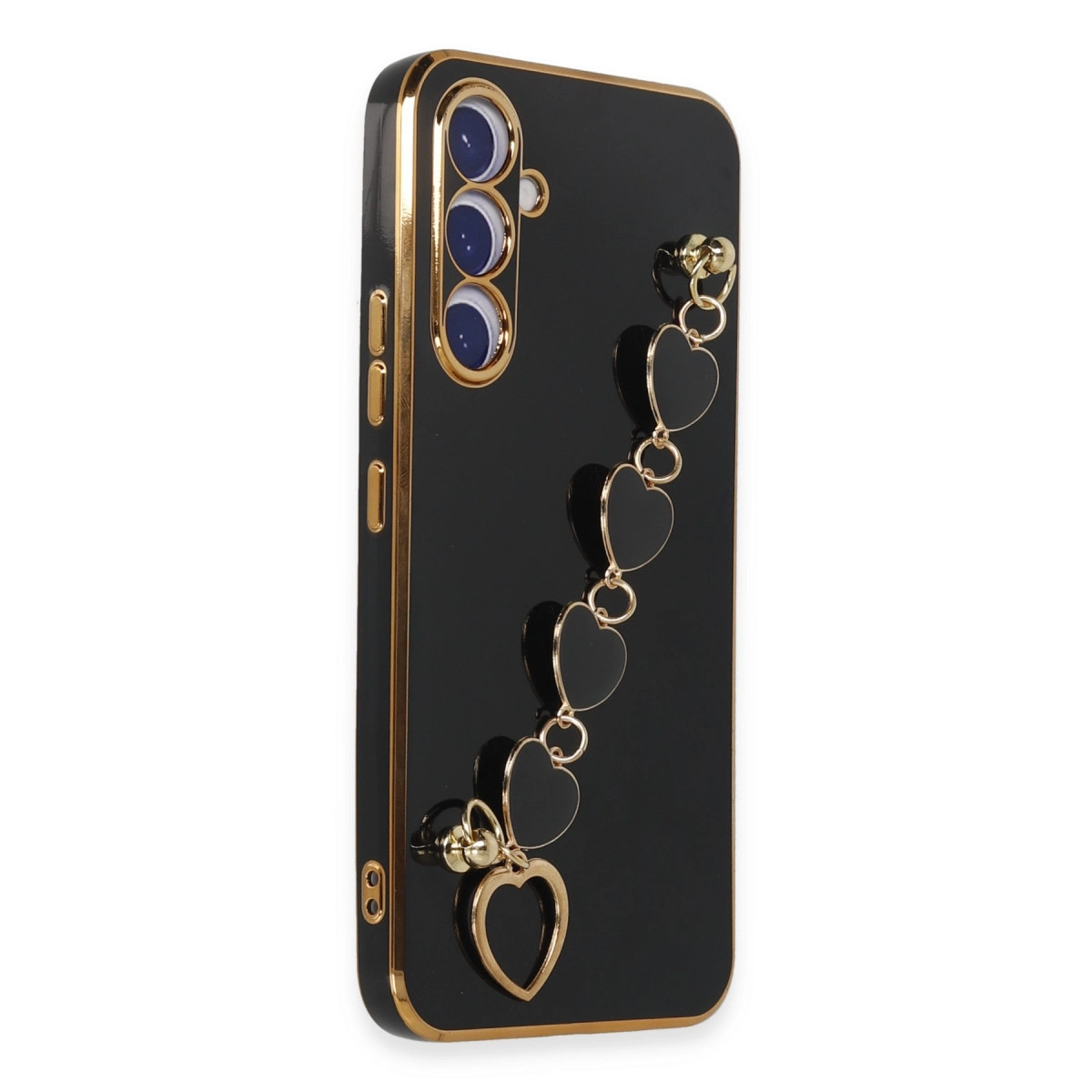 Altın çerçeveli siyah telefon kılıfı ve kalp şeklinde zincir.