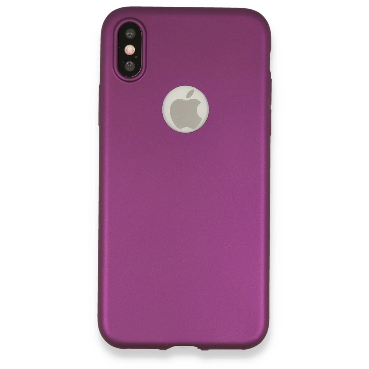 Apple logolu ve çift kamera kesimli mor iPhone kılıfı.