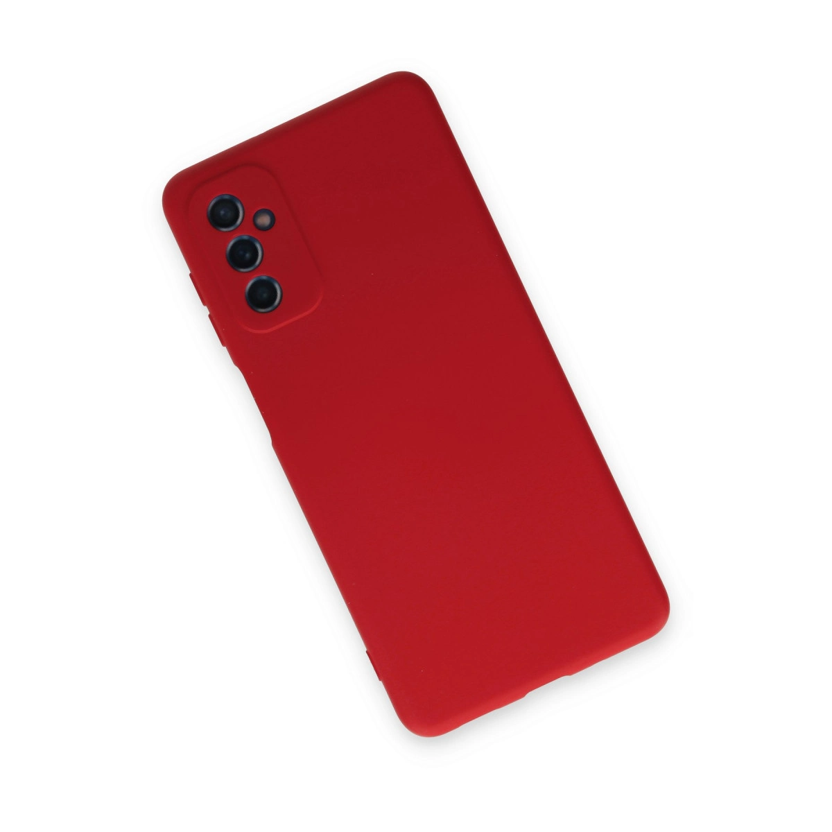 Sol tarafta üç kamera lensi bulunan kırmızı telefon kılıfı, beyaz zeminde.